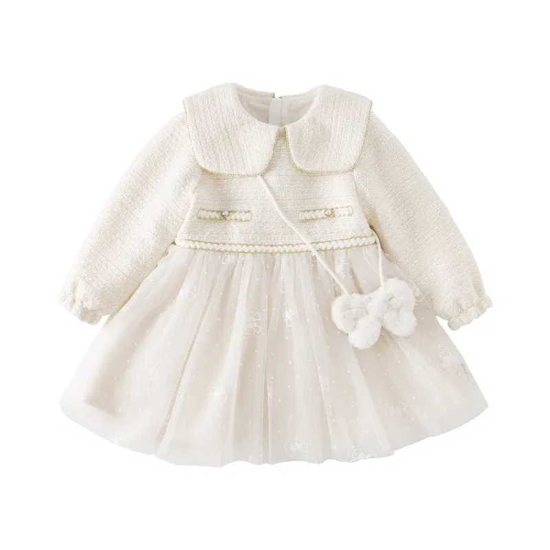 Color: WHITE, Kid Size: 10 - Dave Bella Girl's Dress Children's Autumn Winter Princess Dress Charm Sweet Classy Gentle Fashion Mesh Party DB4237805