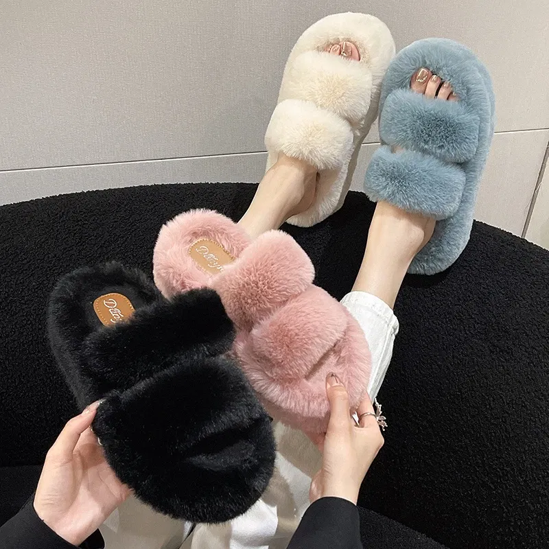 Color: Pink, Shoe Size: 39 - New Winter Open Toe Slipper Fur Thick Sole Flats Heel Ladies Casual Slip On Bedroom Shoes Soft Outdoor Fashion Fur Slippers