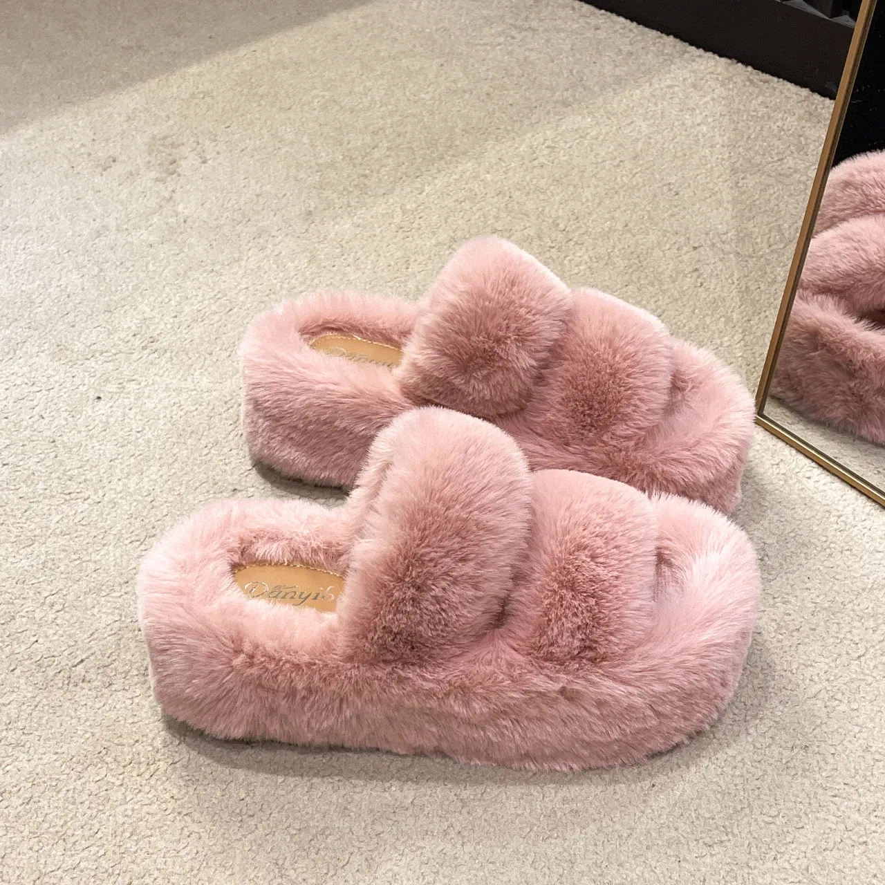 Color: Pink, Shoe Size: 39 - New Winter Open Toe Slipper Fur Thick Sole Flats Heel Ladies Casual Slip On Bedroom Shoes Soft Outdoor Fashion Fur Slippers