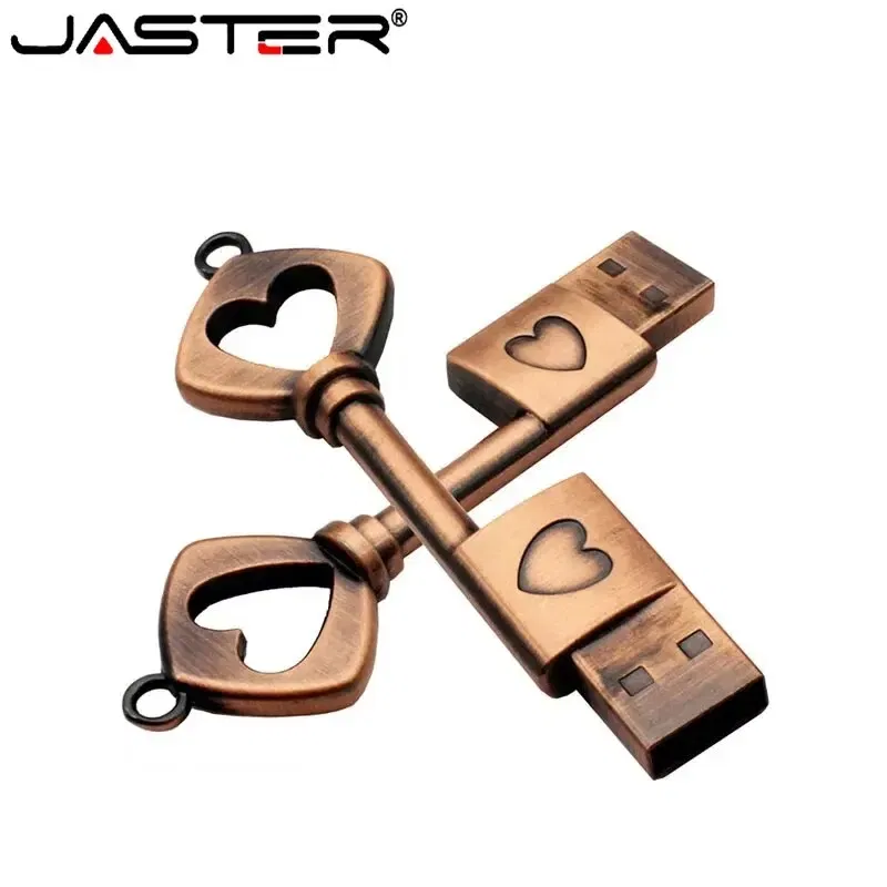 Capacity: 32GB, Color: Green - JASTER Copper Love Heart Shaped Key Usb Flash Drive Pendrive Pen Drive 32GB 64GB Metal Keys Memory Stick Creative Wedding Gift