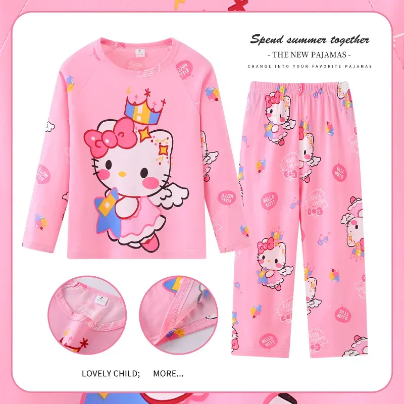 Color: GRAY, Kid Size: 8T - New Pajama Boys Girls Pajamas Stitch Clothing Sets Kids Long Sleeve +Pant 2Piece Children Home Clothing Girl Nightgown
