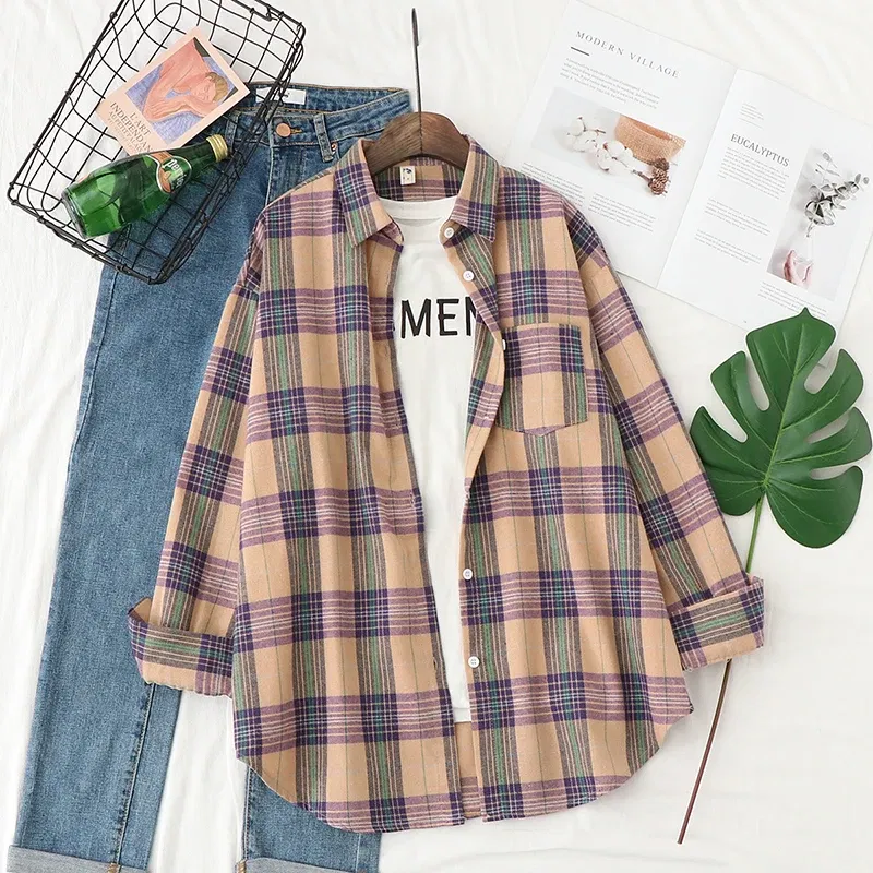 Color: Light Grey, Size: XL - Fresh Flannel Plaid Shirt Women 2024 New Female Blouses and Tops Cotton Loose Long Sleeve Casual Shirts Fine Women's Clothes