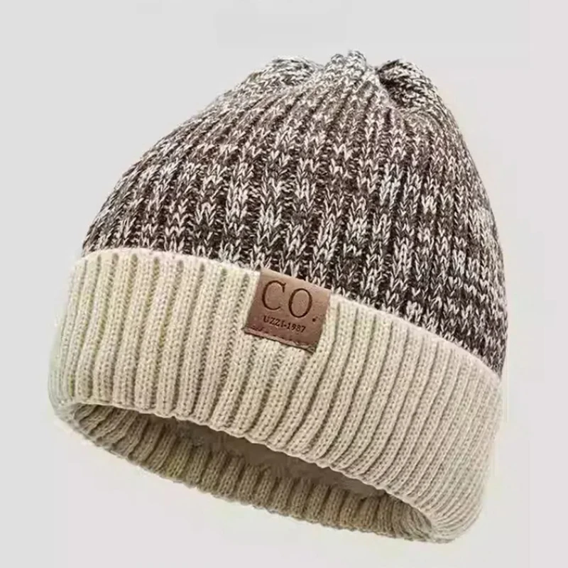 Color: WHITE, Size: XS - New Unisex Two-Tone Winter Hats Add Fur Lined Men And Women Fashion Warm Beanie Cap Casual Winter Knitted Hats