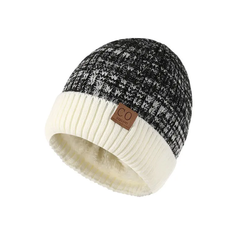 Color: WHITE, Size: XS - New Unisex Two-Tone Winter Hats Add Fur Lined Men And Women Fashion Warm Beanie Cap Casual Winter Knitted Hats