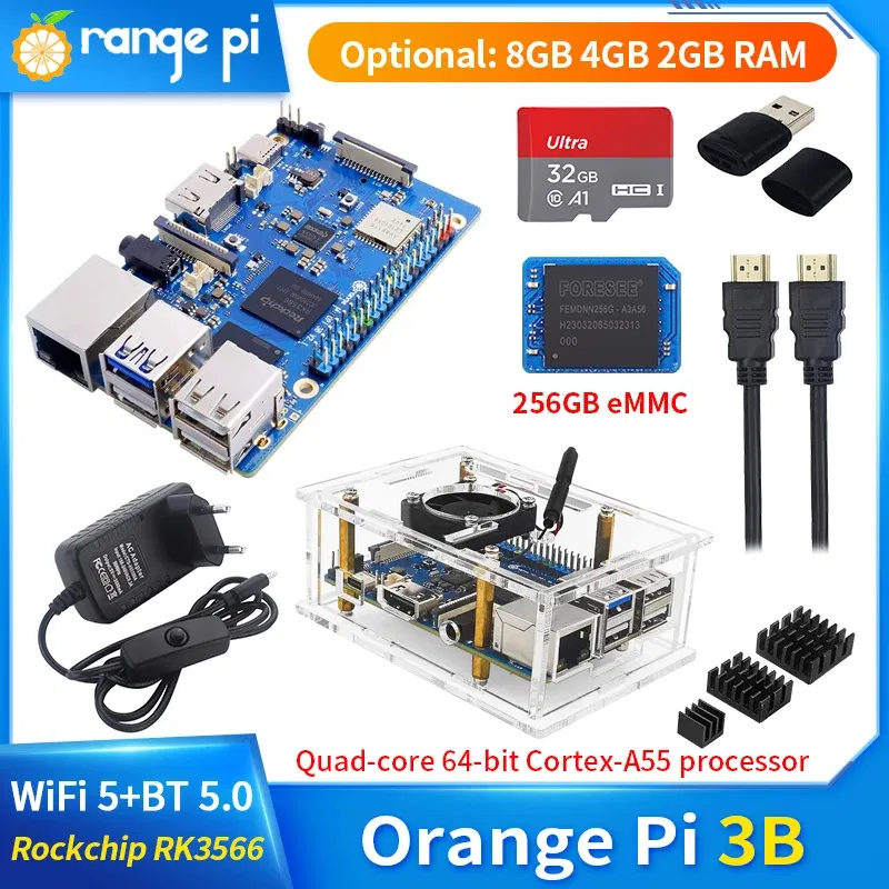 Bundle: Bundle 2, Color: Blue - Orange Pi 3B 8GB 4GB 2GB RAM Rockchip RK3566 WiFi5+BT 5.0 Gigabit LAN Port Single Board Run Android Linux OpenHarmony OS Mini PC