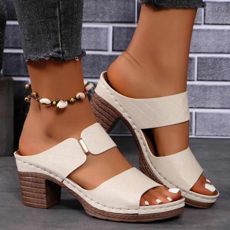 Color: GRAY, Shoe Size: 36 - Women Summer Lightweight Hollow Sandals High Heels New Dress Chunky Open Toe Slippers Female 2024 Casual Slingback Slides Shoes