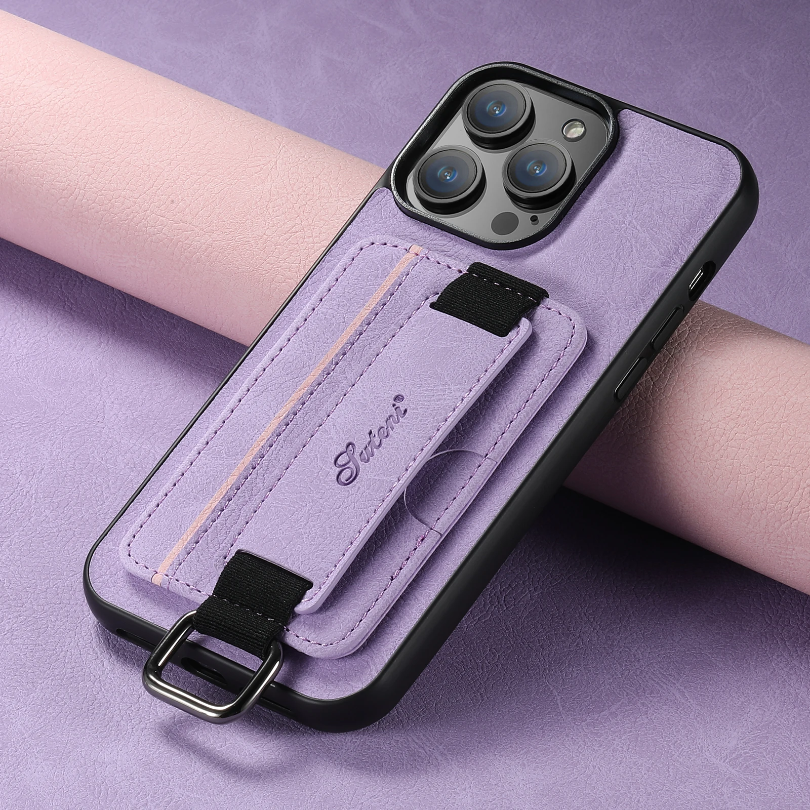 Color: PURPLE, Material: CANVAS - SUTENI Lychee skin print wrist strap card phone case Card holder for iPhone 16 ProMax 15 Plus 14 13 12 11 XR XS Black/blue/brown