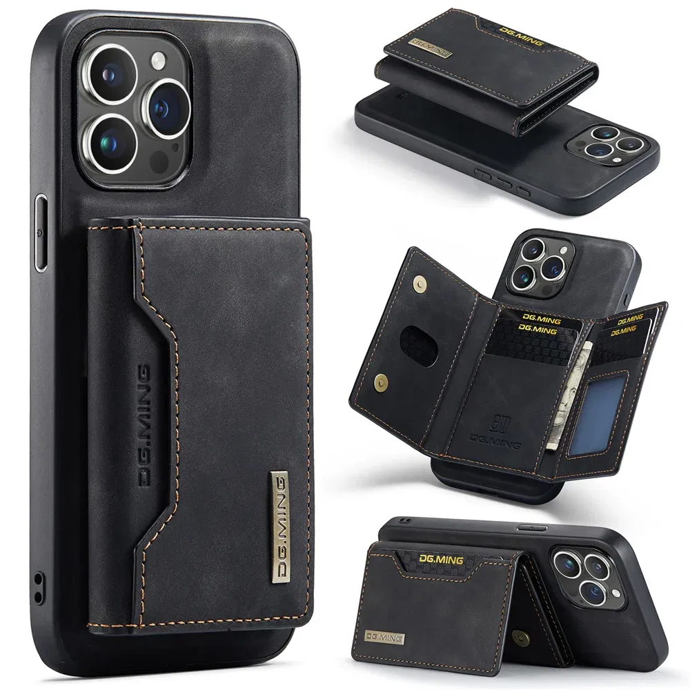 Color: black, Material: aluminum - 2 In 1 Case For iPhone 16 15 14 13 12 11 Pro Max Plus XS Max XR 8 Plus SE 2022 Wallet Magnetic Leather Card Holder Pocket Cover