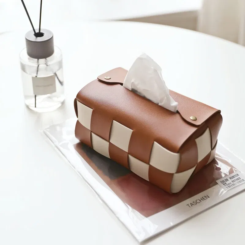 Color: Beige - Checkerboard Woven Tissue Box PU Leather Napkin Case Living Room Office Desktop Home Decoration Creative Paper Towel Cover