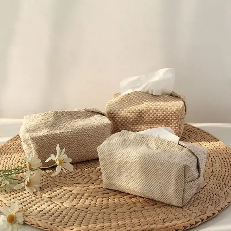 Color: Beige - Checkerboard Woven Tissue Box PU Leather Napkin Case Living Room Office Desktop Home Decoration Creative Paper Towel Cover