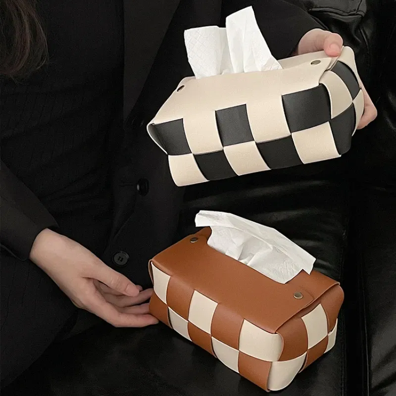 Color: Beige - Checkerboard Woven Tissue Box PU Leather Napkin Case Living Room Office Desktop Home Decoration Creative Paper Towel Cover