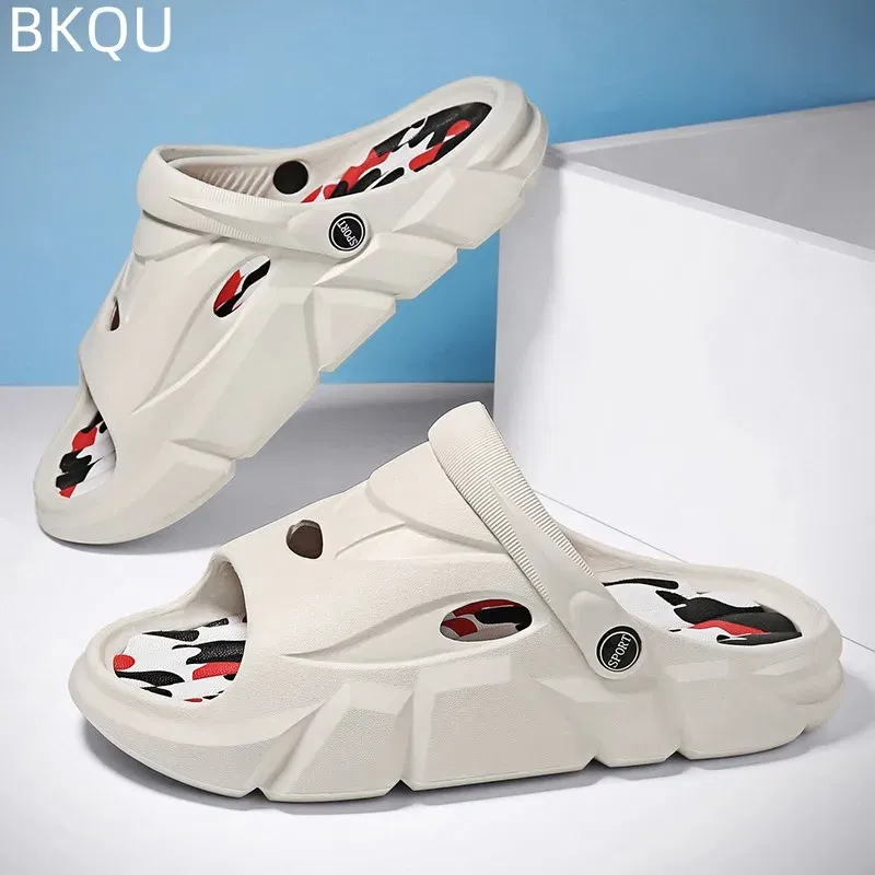 Color: Beige, Shoe Size: 45 - Men's Beach Slippers Round Toe Lightweight Flat Bottom Waterproof Comfortable Trend Versatile Breathable Non-slip Large Size