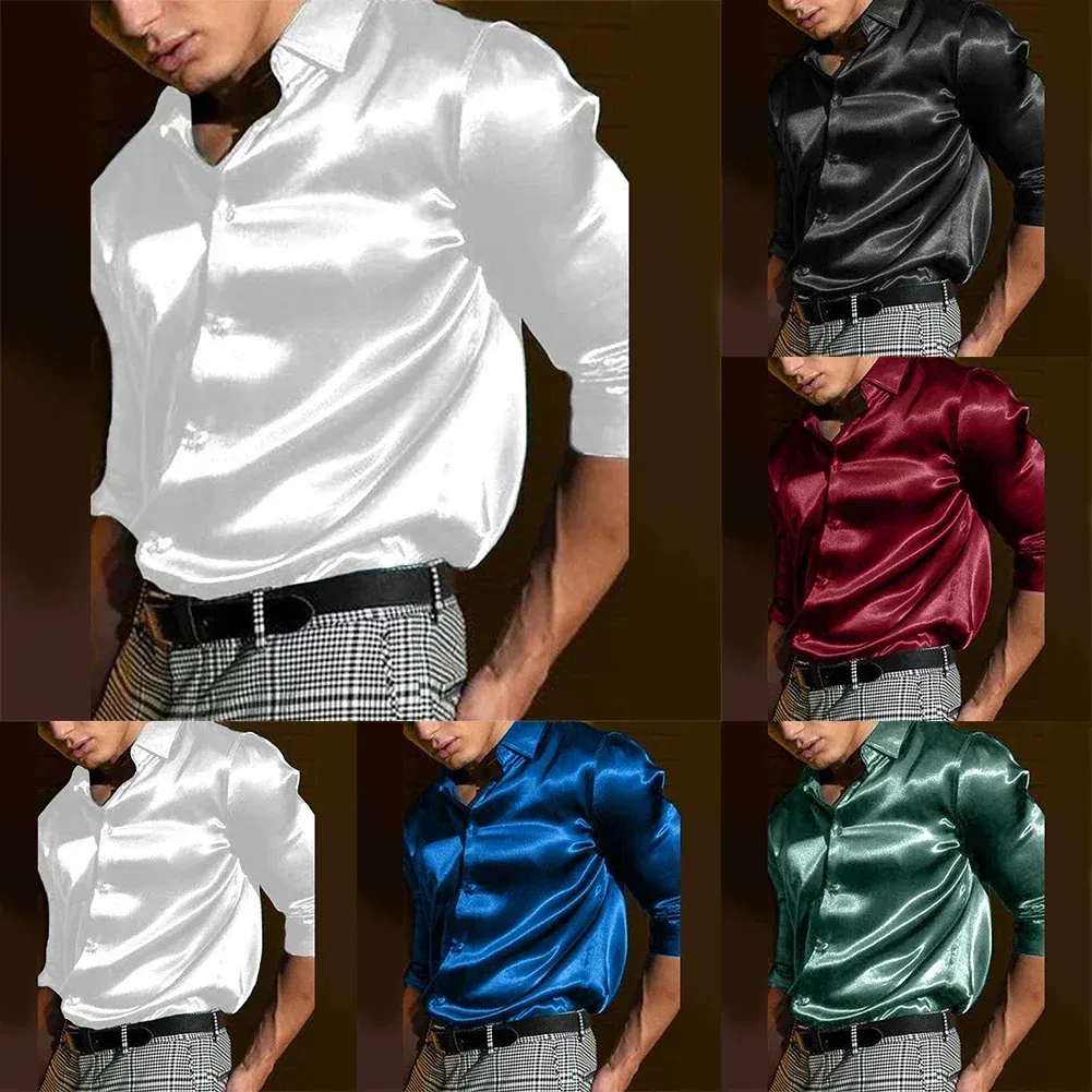 Color: Blue, Size: XXL, Ships From: CHINA - Casual Men's Satin Silk Dress Shirts Long Sleeve Social Single Breasted Button Turn-Down Collar Shirts Wedding Party Men Clothes