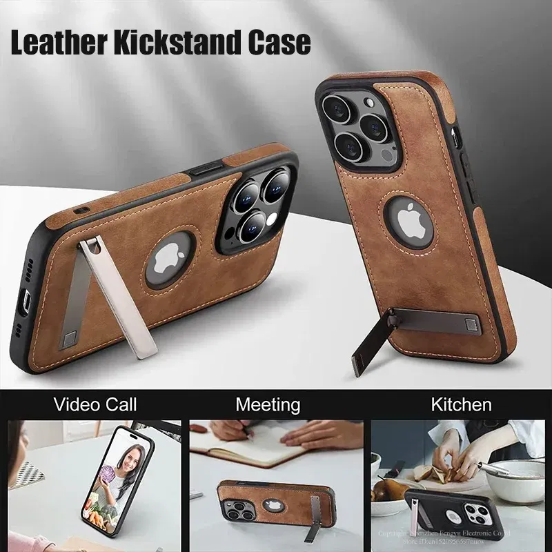 Color: Beige, Material: Canvas - PU Leather Kickstand Phone Cases for iPhone 15 Pro Max 14 Plus 11 13 12 Mini Mobile Case with Holder Luxury Slim Shell Cover