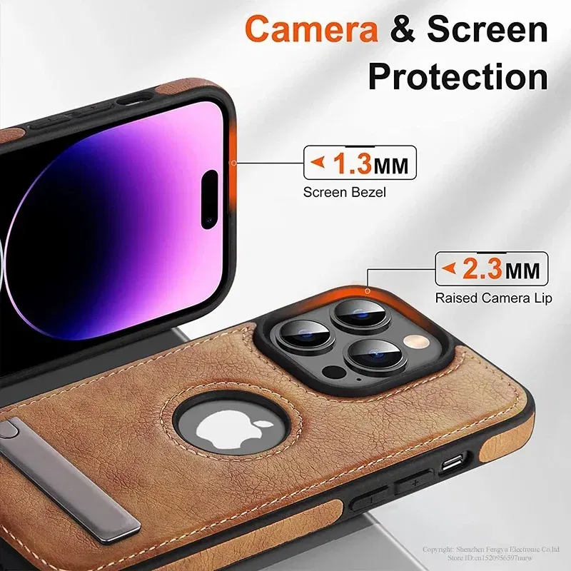 Color: Beige, Material: Canvas - PU Leather Kickstand Phone Cases for iPhone 15 Pro Max 14 Plus 11 13 12 Mini Mobile Case with Holder Luxury Slim Shell Cover
