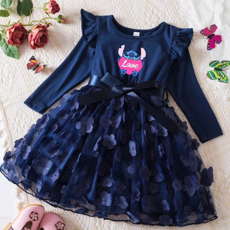 Color: Light Grey, Size: One Size, Height: 176 - Lilo Stitch Girl Baby Dresses Spring Autumn Child Long Sleeve Sweet Princess Dress Mesh Newborn Casual Dress Birthday Party 2-6Y