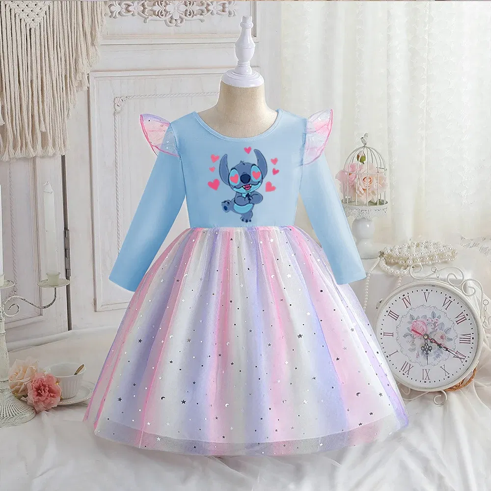 Color: Silver, Kid Size: 3T - Stitch Princess Dress Autumn New Disney Baby Girls Dress Spring Autumn Long-sleeved For Children Kids Clothes Birthday Party