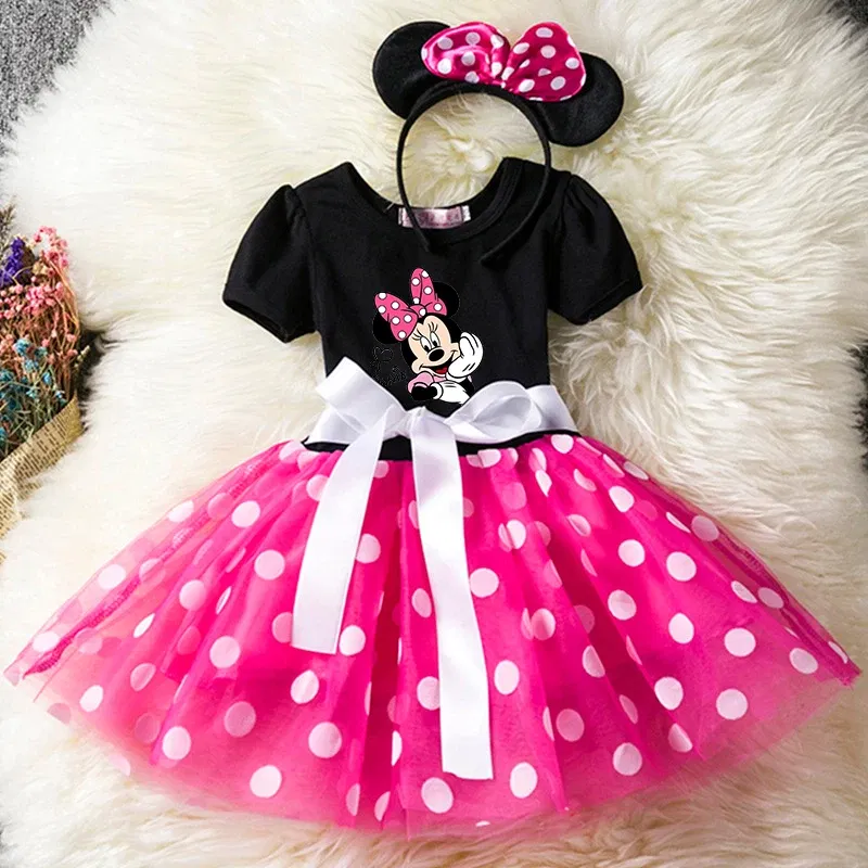 Color: Blue, Size: XXS - Cartoon Mickey Minnie Mouse Kids Short Sleeve Polka Dot Princess Dress 1-6Y Party Baby Girls Clothes Cosplay Costumes