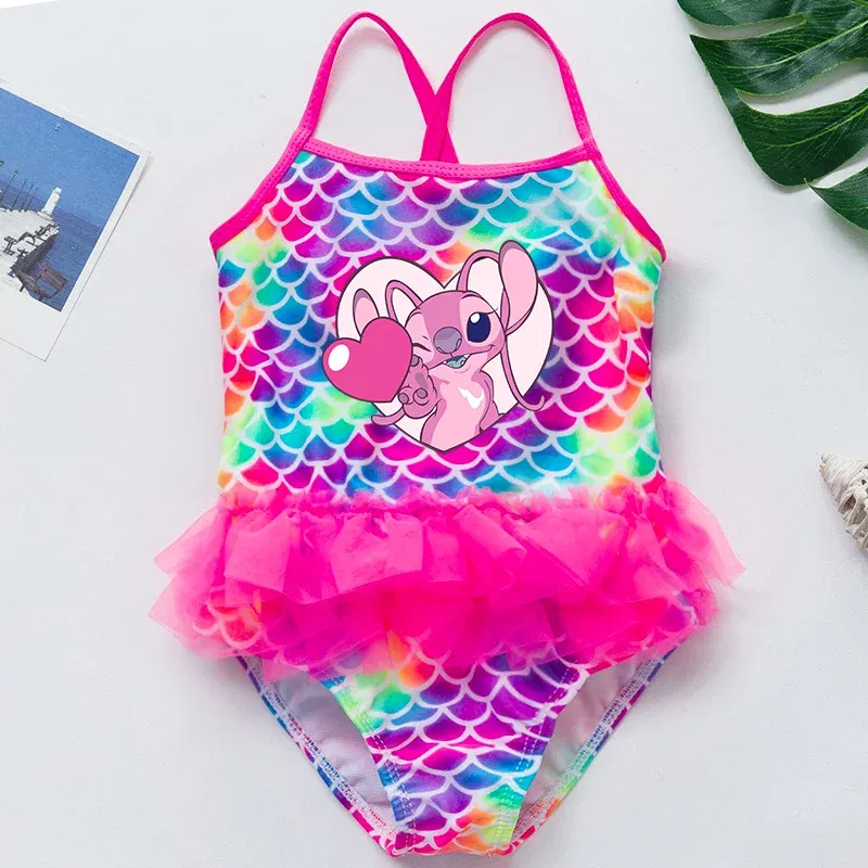 Color: MULTI, Kid Size: 12M - Lilo Stitch Girl Swimsuit Summer One-Piece Swimwear Beachwear Pool Mermaid Fish Scale Print Bikini Bathing Outfit Swimming Wear