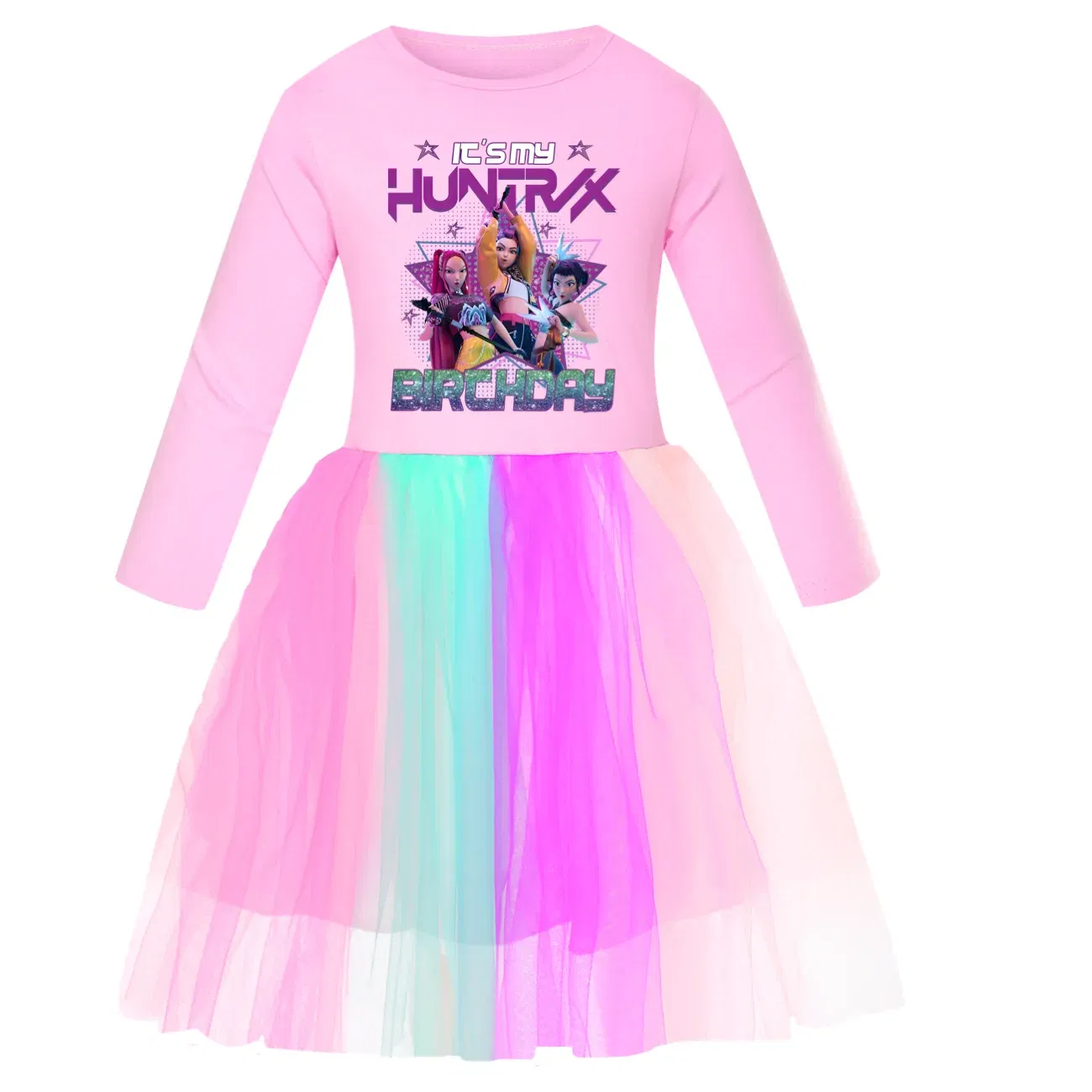 Color: Blue, Kid Size: 4T - KPop Demon Hunters Kids Clothes Long Slevess Dresses Cotton Rainbow Full Dress Teen Fashion Girl's Clothing Party Clothes 5001