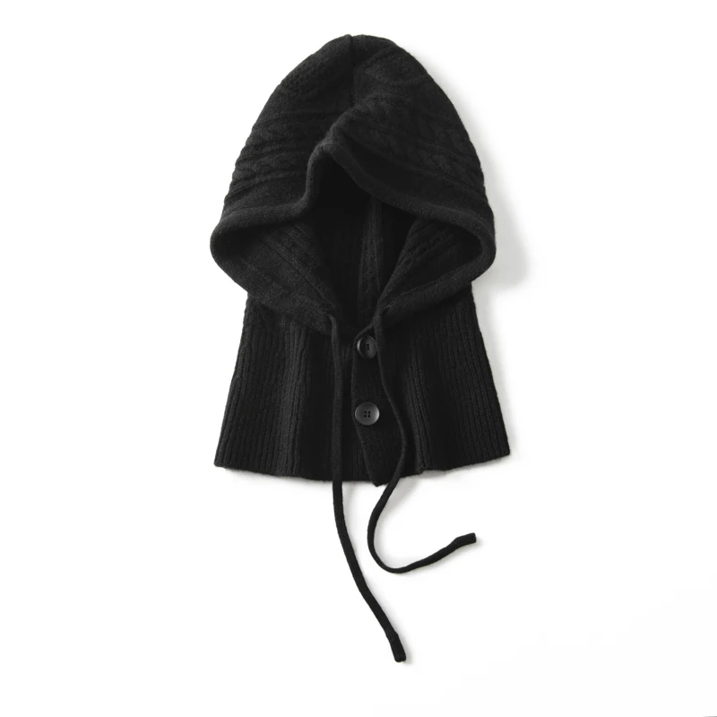 Color: black, Size: One Size - 100%Quality Cashmere Balaclava Cap Women Warm Ring Scarf Beanie Hat Adjustable Elastic Windproof Hooded Neck Collar Knitted Hat