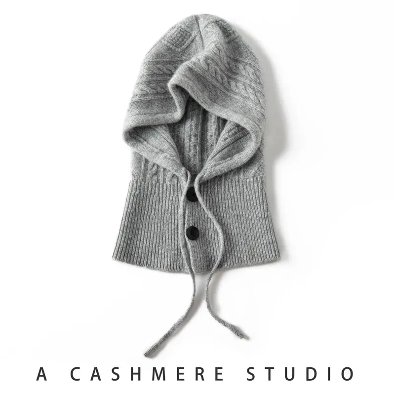 Color: black, Size: One Size - 100%Quality Cashmere Balaclava Cap Women Warm Ring Scarf Beanie Hat Adjustable Elastic Windproof Hooded Neck Collar Knitted Hat