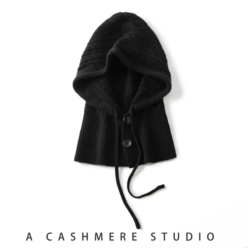 Color: black, Size: One Size - 100%Quality Cashmere Balaclava Cap Women Warm Ring Scarf Beanie Hat Adjustable Elastic Windproof Hooded Neck Collar Knitted Hat