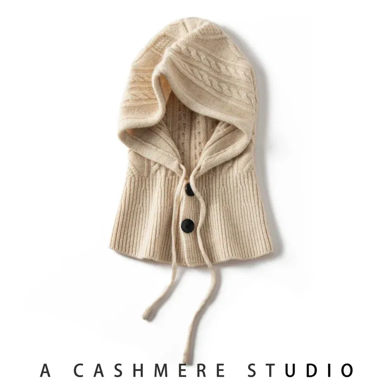 Color: black, Size: One Size - 100%Quality Cashmere Balaclava Cap Women Warm Ring Scarf Beanie Hat Adjustable Elastic Windproof Hooded Neck Collar Knitted Hat