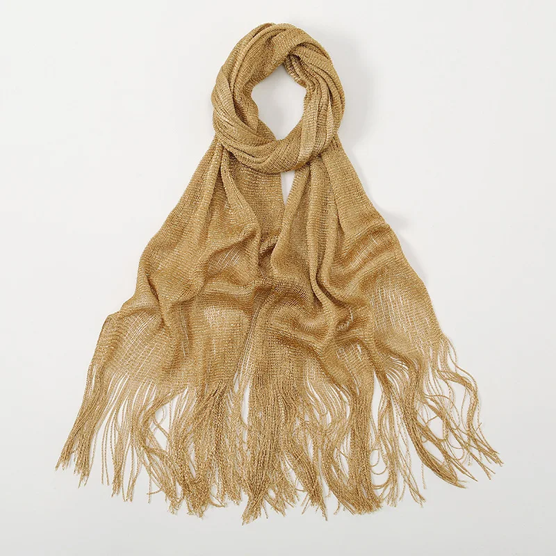 Color: Beige, Size: XXS - Fashion Bright Silk Sunscreen Shawl Hijab Gold Silver Shiny Scarves For Women Lace Tassel Party Evening Dress Scarf