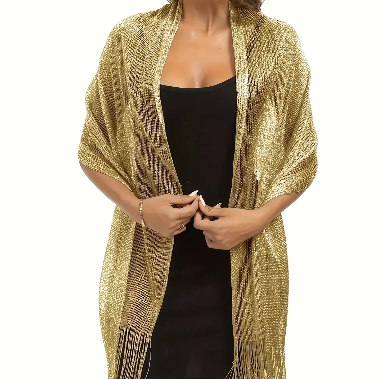 Color: Beige, Size: XXS - Fashion Bright Silk Sunscreen Shawl Hijab Gold Silver Shiny Scarves For Women Lace Tassel Party Evening Dress Scarf