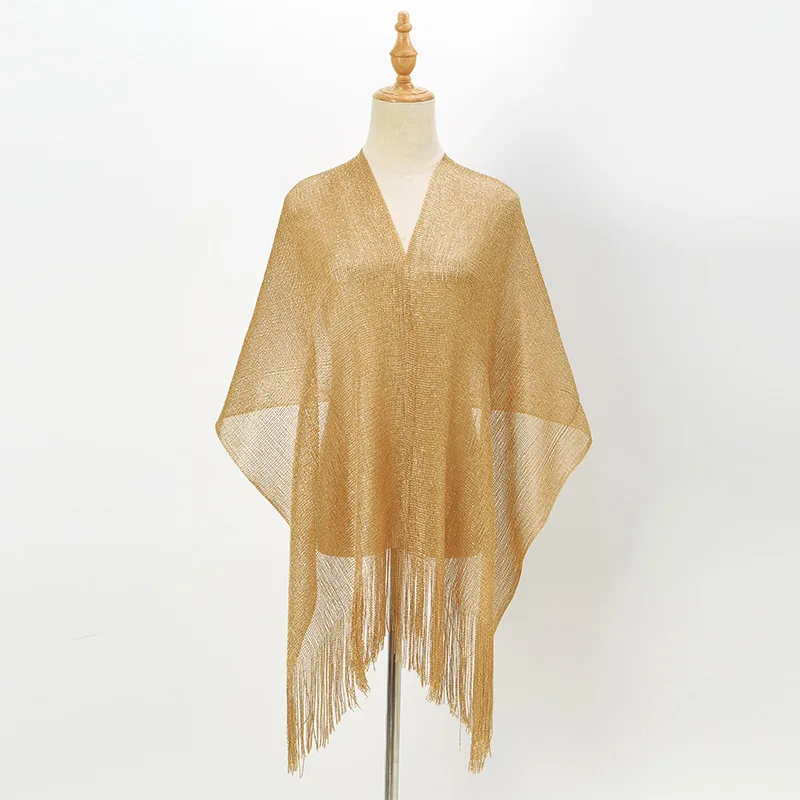 Color: Beige, Size: XXS - Fashion Bright Silk Sunscreen Shawl Hijab Gold Silver Shiny Scarves For Women Lace Tassel Party Evening Dress Scarf