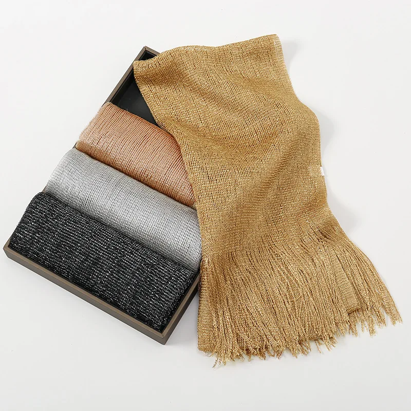 Color: Beige, Size: XXS - Fashion Bright Silk Sunscreen Shawl Hijab Gold Silver Shiny Scarves For Women Lace Tassel Party Evening Dress Scarf