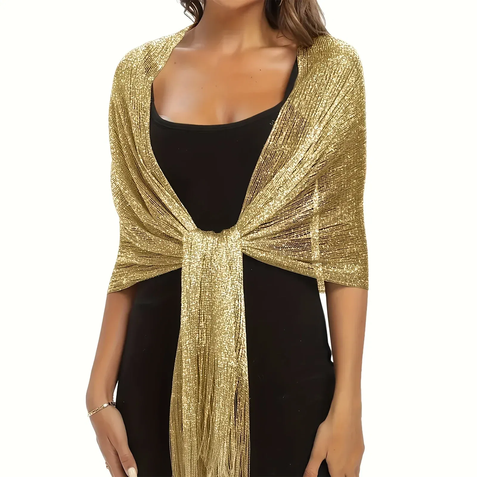 Color: Beige, Size: XXS - Fashion Bright Silk Sunscreen Shawl Hijab Gold Silver Shiny Scarves For Women Lace Tassel Party Evening Dress Scarf