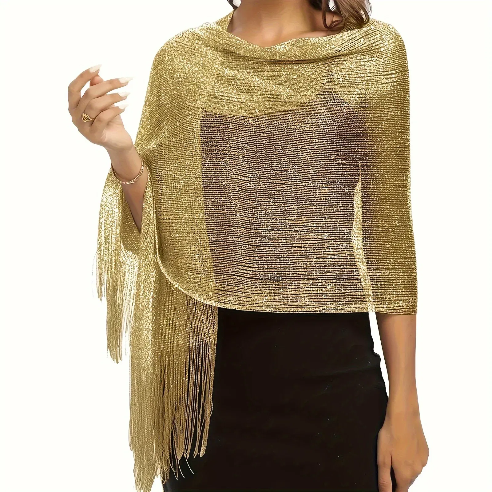 Color: Beige, Size: XXS - Fashion Bright Silk Sunscreen Shawl Hijab Gold Silver Shiny Scarves For Women Lace Tassel Party Evening Dress Scarf