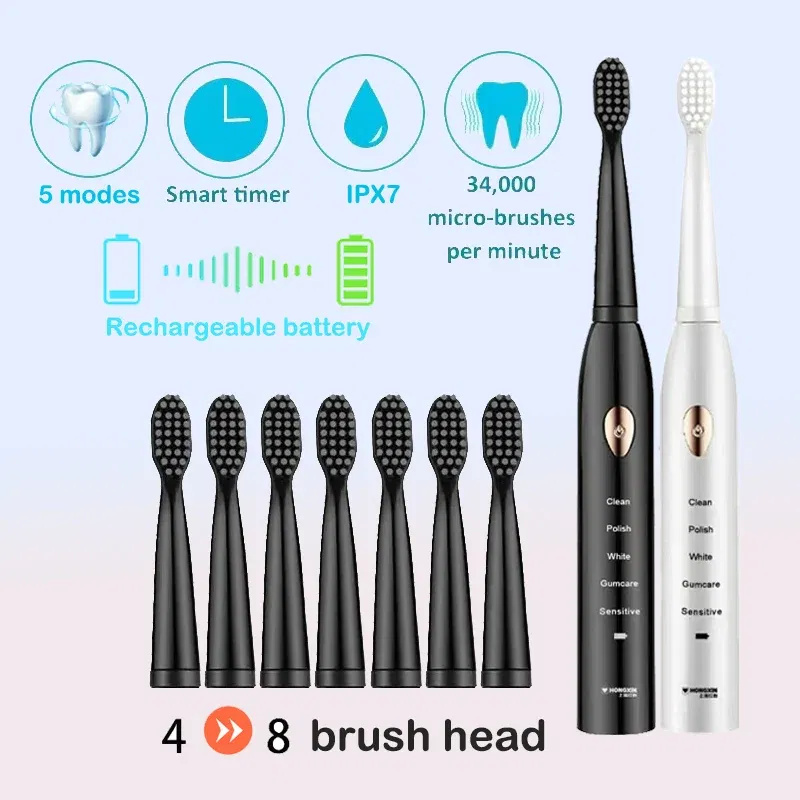 Color: PURPLE - Electric Toothbrush 5-gear Mode USB Charging 4 colors IPX7 Waterproof Ultrasonic Rechargeable Soft Hair Toothbrush Adult Classic