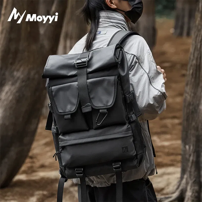 Color: Beige - MOYYI Men Large Waterproof Travel Rucksack Fashion Roll Top Laptop School Backpack Outdoor Climbing Sport Hiking Bag Knapsack
