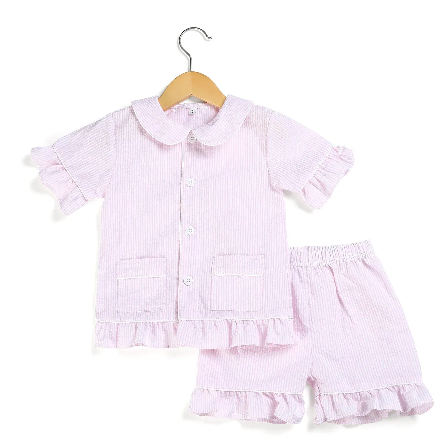 Color: army green, Ships From: CHINA, Kid Size: 12t - Ruffkids 100% Cotton Summer Kids Pajamas Sleepwear Seersucker Striped Matching Pjs Boys Clothes Loungewear Girls Pyjamas Set