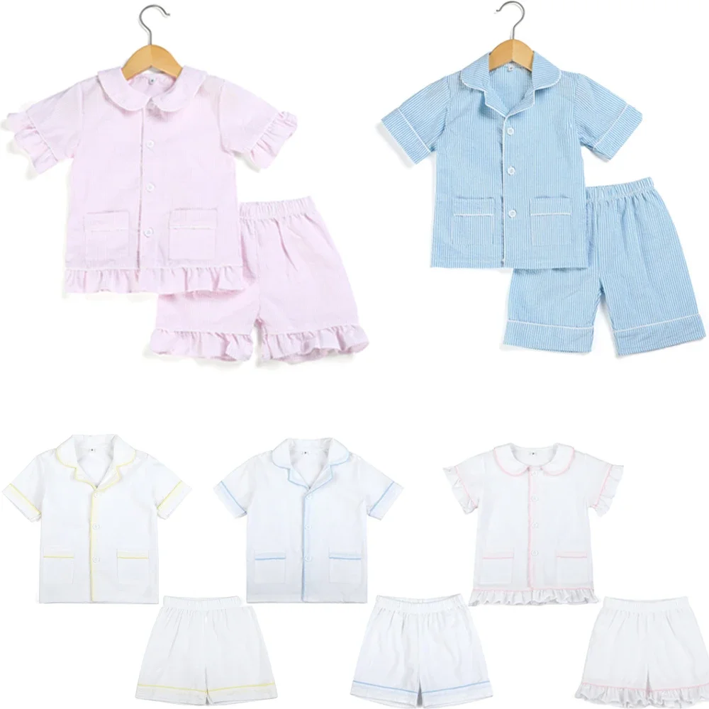 Color: army green, Ships From: CHINA, Kid Size: 12t - Ruffkids 100% Cotton Summer Kids Pajamas Sleepwear Seersucker Striped Matching Pjs Boys Clothes Loungewear Girls Pyjamas Set