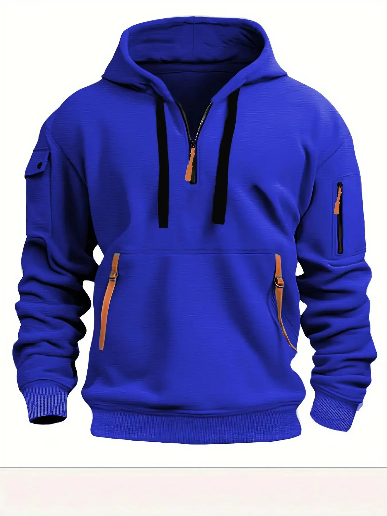 Color: Blue, Size: XL, Sale by Pack: Pack of 1, Ships From: CHINA - New hoodie men zipper multi pocket hoodie Spring Winter Fleece Warm Sweatshirt Fashion Streetwear Sports Hoody Solid Pullover