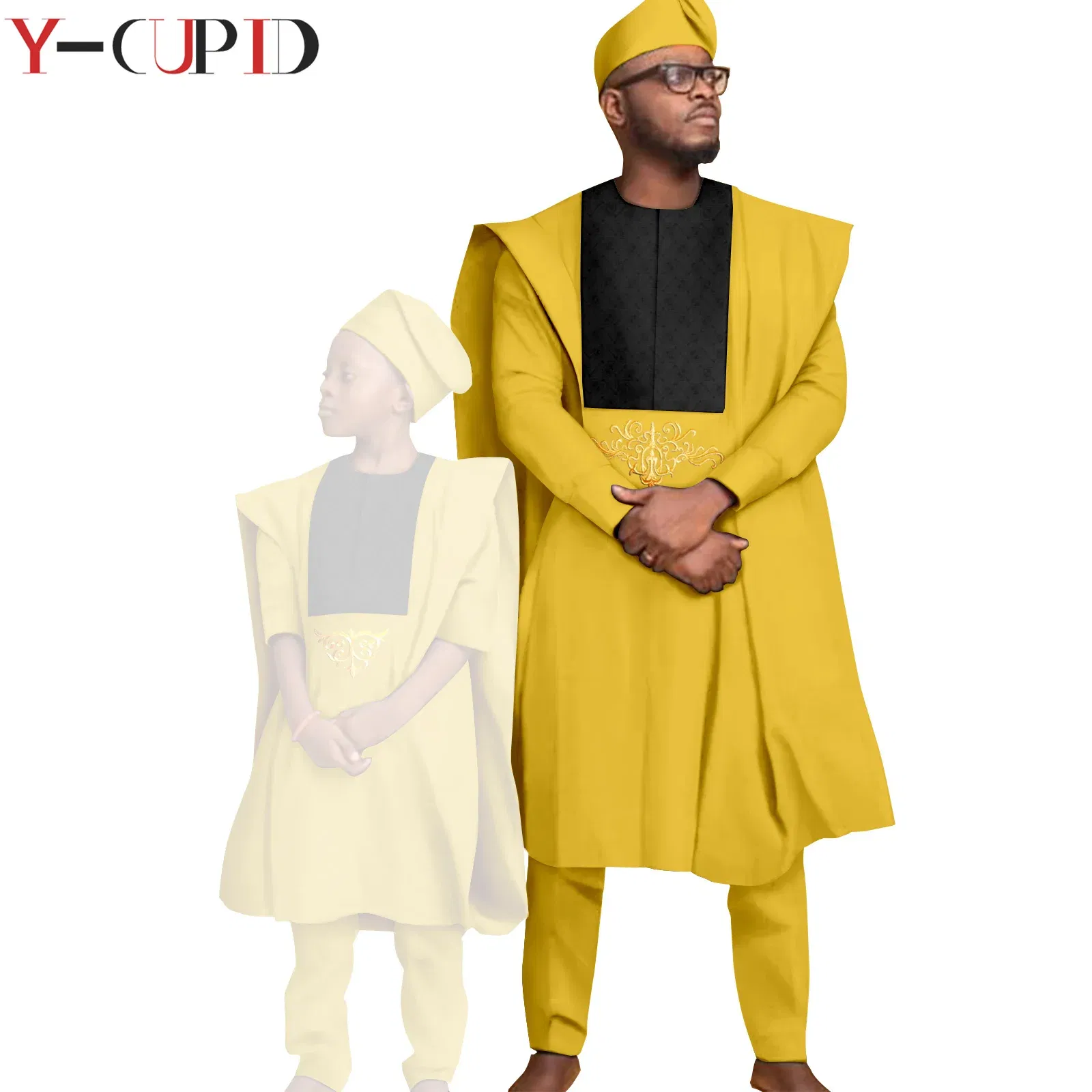 Color: Khaki, Size: Mother 3XL - African Clothes for Men Top Pants Robes Hat Sets Match Kid Boy Sets Dashiki Father and Son Bazin Riche Family Outfits Y20F001