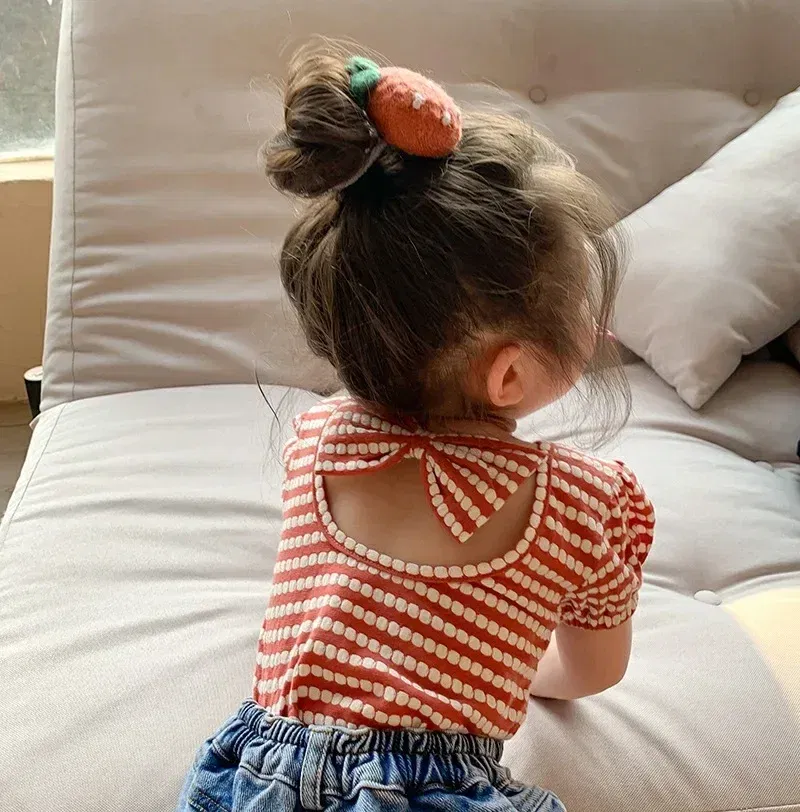 Color: Beige, Kid Size: 4T - 2024 Summer Baby Girls T-shirts Kids Girl Striped Puff Short-sleeve Tops Fashion Bowknot Backless Children Clothing Toddler Tees