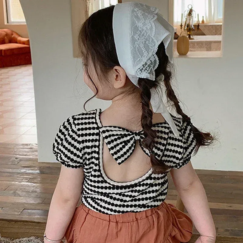 Color: Beige, Kid Size: 4T - 2024 Summer Baby Girls T-shirts Kids Girl Striped Puff Short-sleeve Tops Fashion Bowknot Backless Children Clothing Toddler Tees