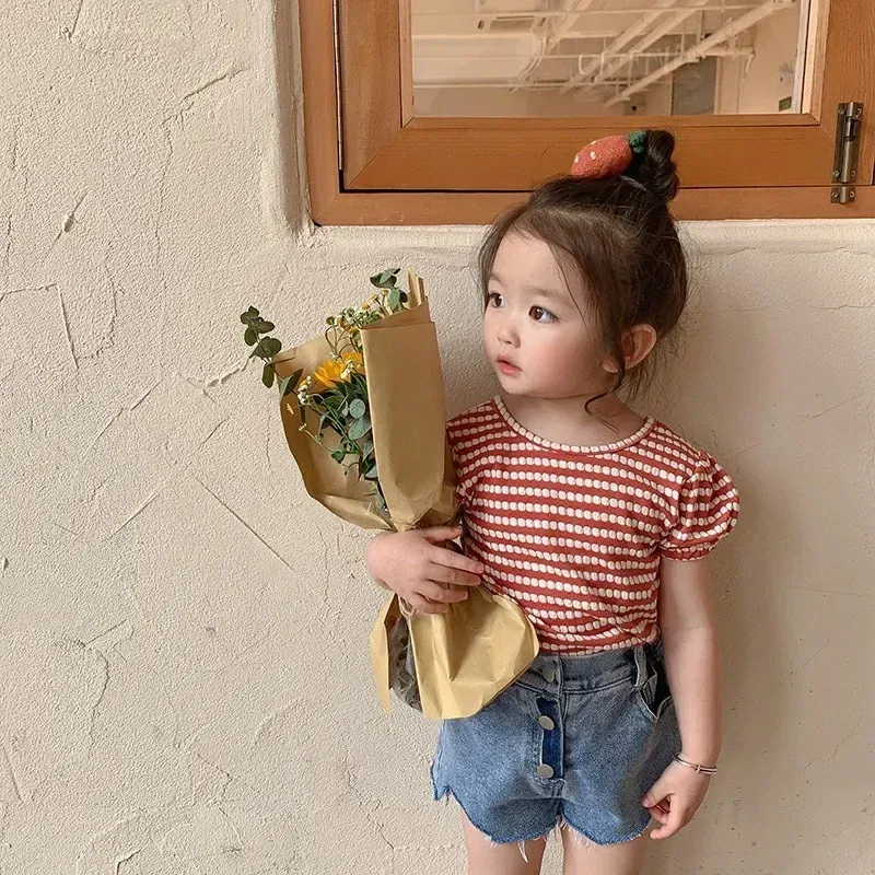 Color: Beige, Kid Size: 4T - 2024 Summer Baby Girls T-shirts Kids Girl Striped Puff Short-sleeve Tops Fashion Bowknot Backless Children Clothing Toddler Tees
