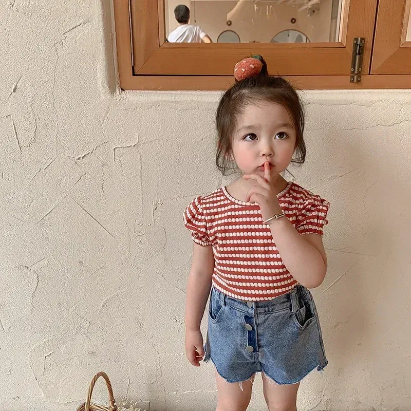 Color: Beige, Kid Size: 4T - 2024 Summer Baby Girls T-shirts Kids Girl Striped Puff Short-sleeve Tops Fashion Bowknot Backless Children Clothing Toddler Tees