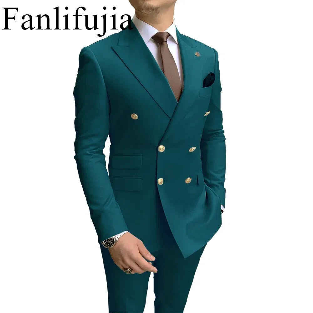 Color: Turquoise, Size: 5XL - Fanlifujia Store 2024 Casual Sky Blue Men Suits Double Brested Peak Lapel Gold Button Groom Wedding Tuxedos Best Costume Homme