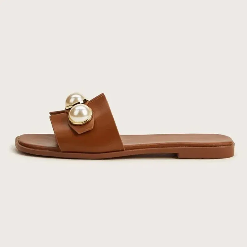 Color: black, Shoe Size: 39 - Slippers Women 2025 New Flat Slippers Party Shoes Fashion Pearl Sandals Slippers Roman Women Flip-Flops Casual Beach Shoes Trend