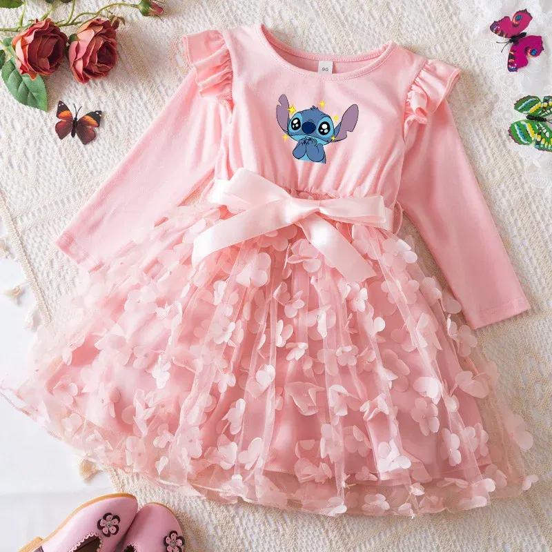 Color: Khaki, Size: One Size, Height: 164 - Lilo Stitch Girl Baby Dresses Spring Autumn Child Long Sleeve Sweet Princess Dress Mesh Newborn Casual Dress Birthday Party 2-6Y
