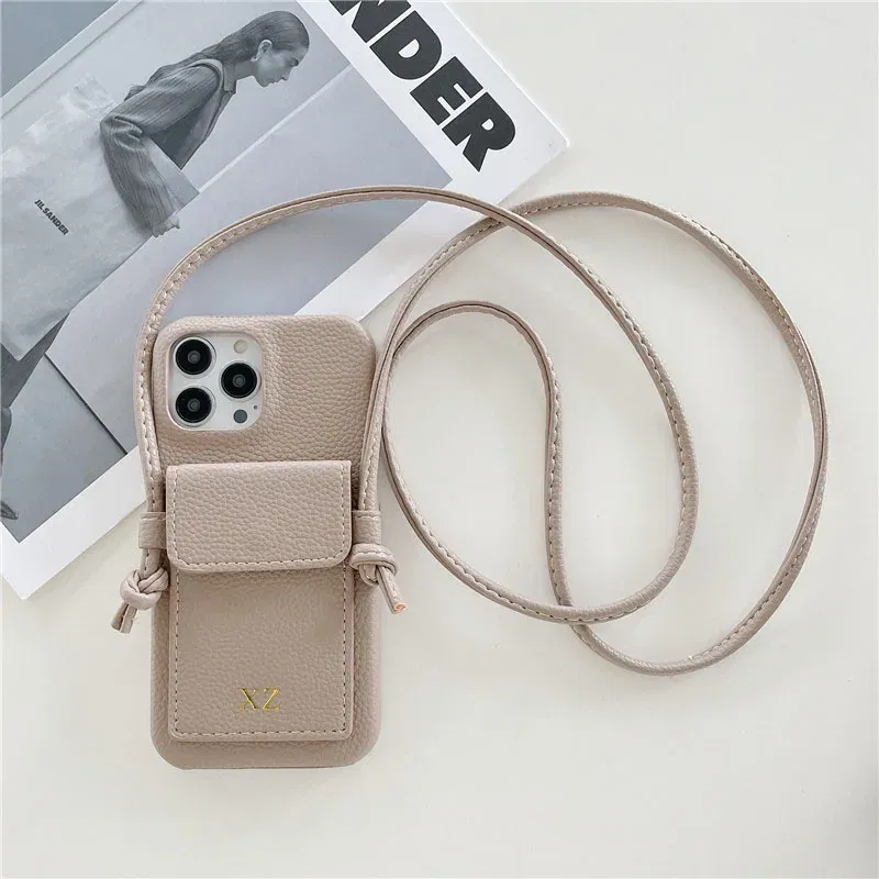 Color: Khaki, Material: Silicon - Personalized Gold Silver Letters Leather PU Card Holder Lanyard Hard Case For iPhone 14 13 12 11 15 Pro Max XS XR 16 Plus Cover