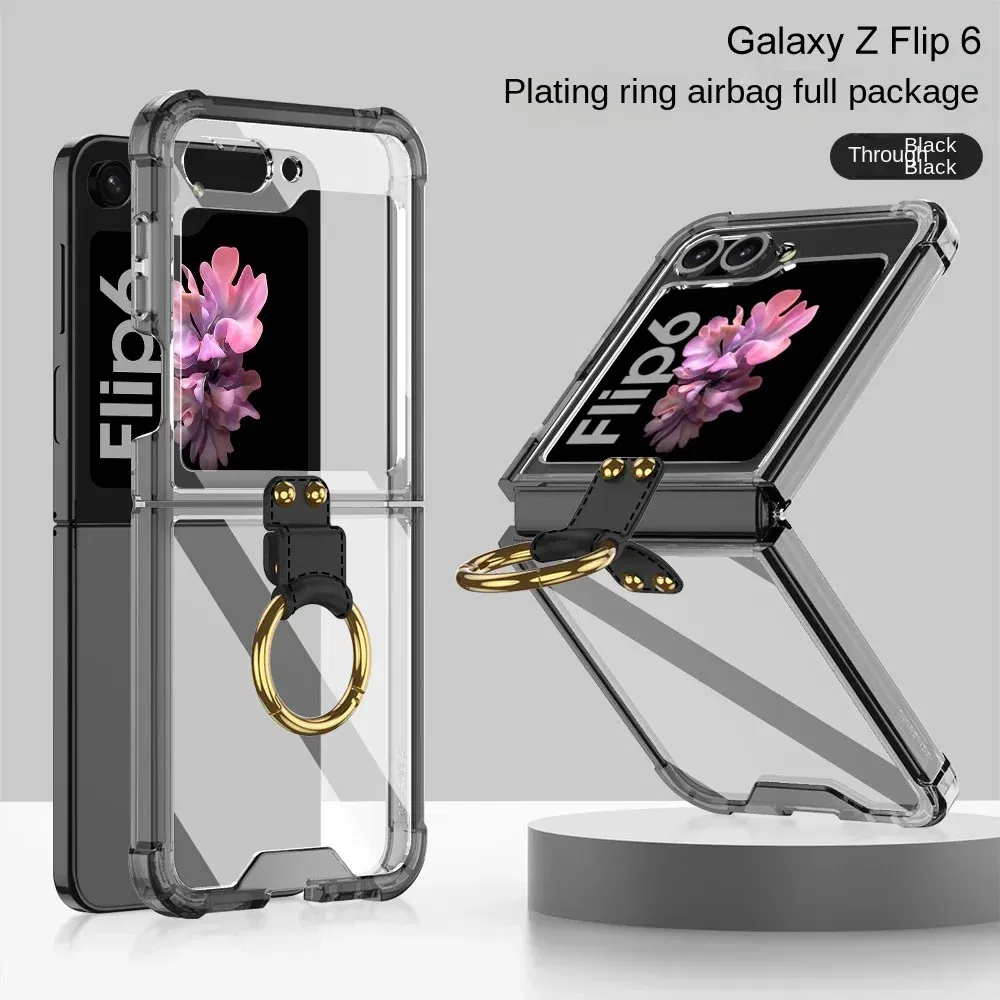 Color: Blue, Material: ABS - Electroplated Transparent Airbag Ring Phone Case for Samsung Galaxy Z Flip 6 5 Flip6 Flip5 5G Stand Shockproof Cover