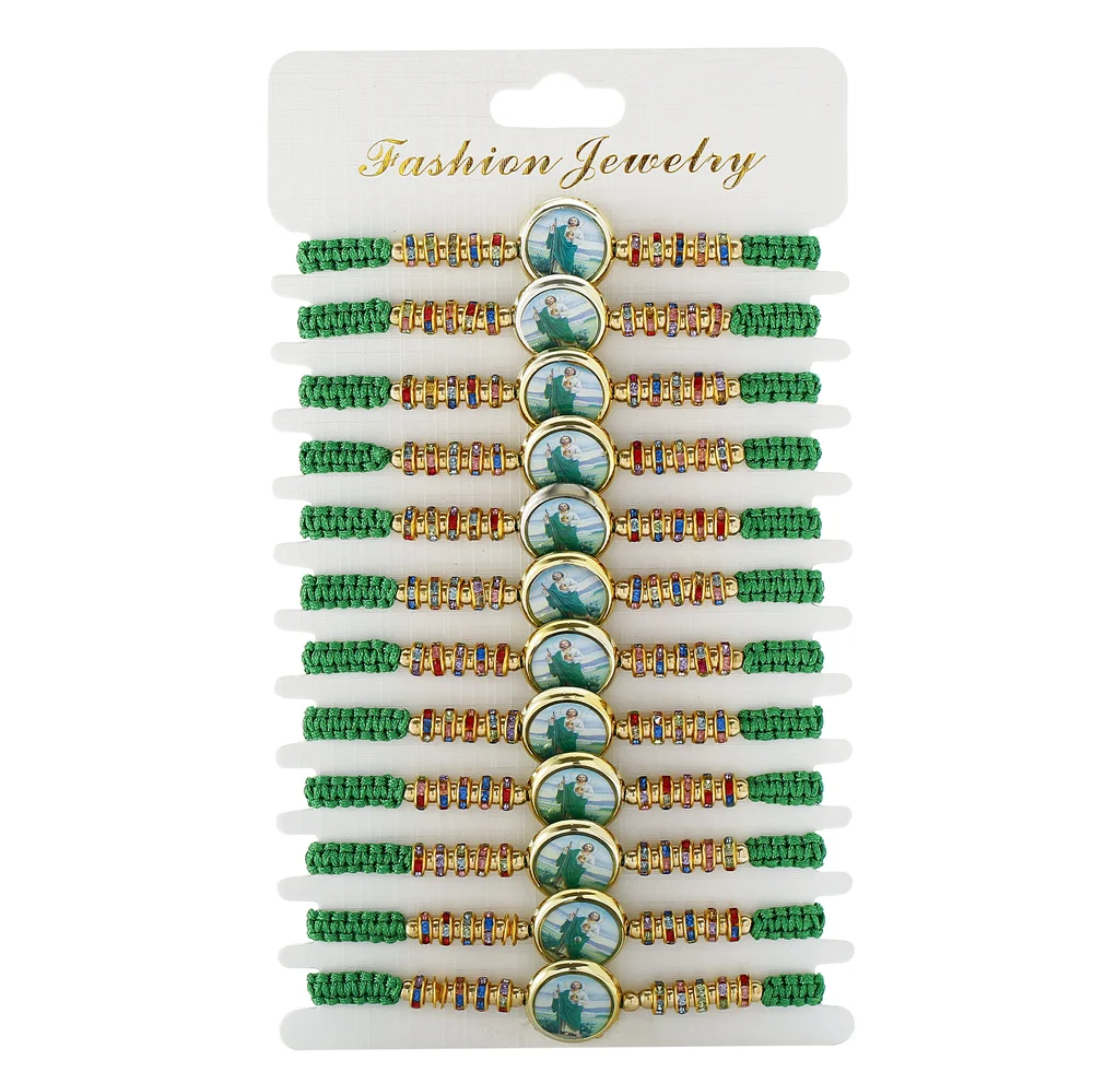 Metal Color: REDDISH BROWN - 12 Pieces Mexican Bracelets Saint Jude Bracelet Catholic Green Handmade String Bracelets San Judas Tadeo Rosary Bracelet Gift